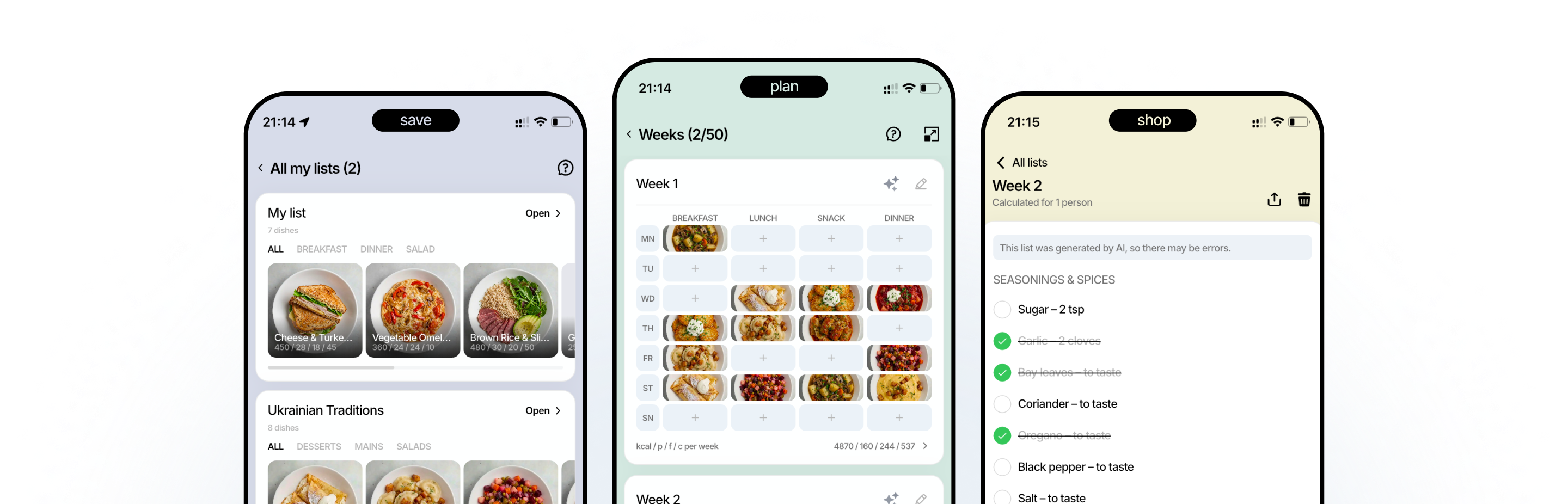 FoodsPlans app: save dishes, plan weeks, shop with a list