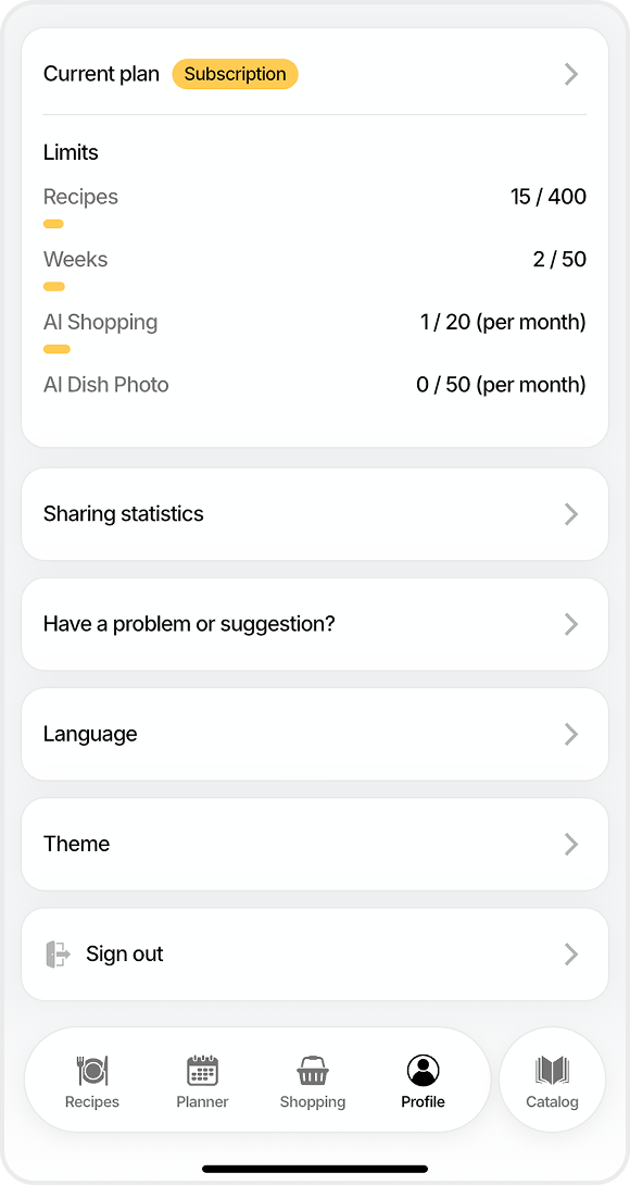 FoodsPlans profile screen
