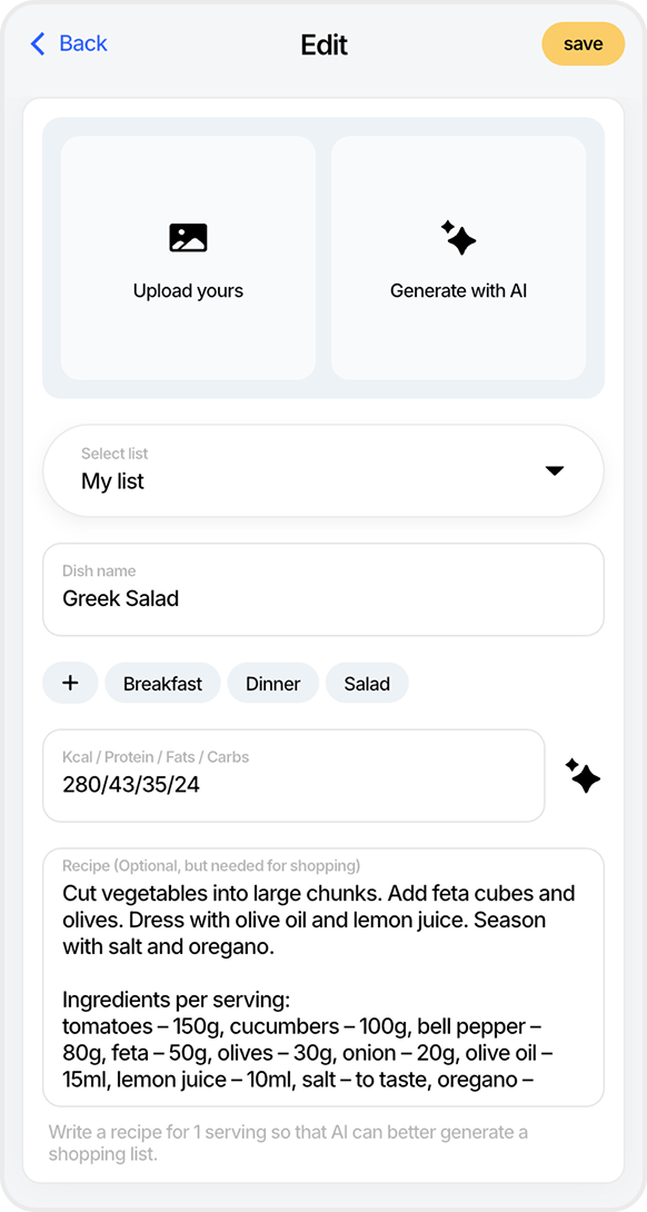 FoodsPlans add dish screen