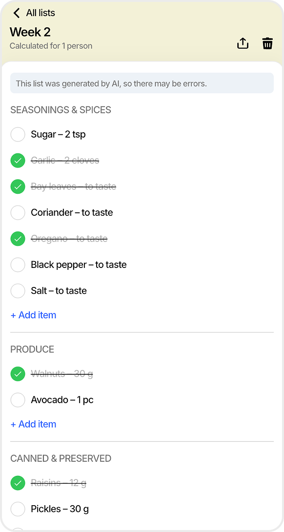 FoodsPlans generated grocery list